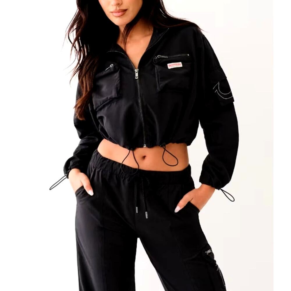 True Religion Women's Black Cropped Horsehoe Shaped Anorak Jacket Size XL